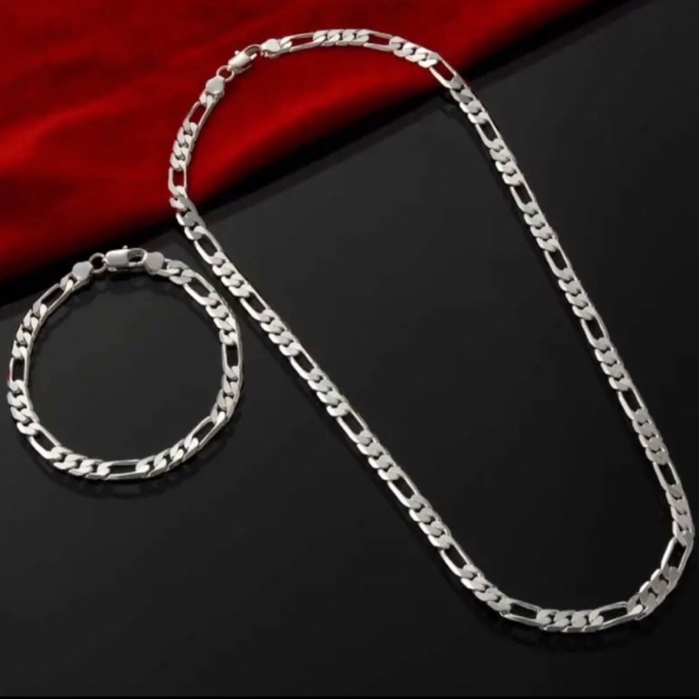 Sterling Silver Figaro Chain Necklace and Bracelet Set